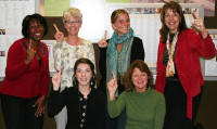 MiraCosta College Foundation staff members. Standing (left to right): Cynthia Rice, Laurie Davidson, Kelsey Krumdieck and Linda Fogerson. Seated (left to right): Tori Fishinger and Betsy Lelja.