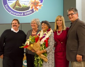 Encinitas City Council members Mark Muir (left), Lisa Shaffer, outgoing Councilwoman Teresa Barth, Mayor Kristin Gaspar and Councilman and outgoing Deputy Mayor Tony Kranz (right) wrap up their term together on the dais Dec. 9. (Photo by Scott Allison)
