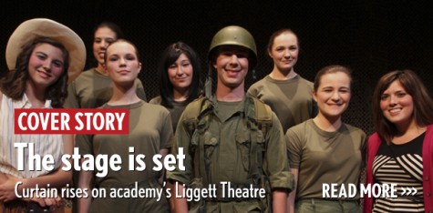 The cast of “A Piece of My Heart” on stage at San Dieguito Academy's new Clayton E. Liggett Theater. Director Stephanie Siers is at far right. (Photo by Ariana Drehsler)