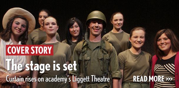 The cast of “A Piece of My Heart” on stage at San Dieguito Academy's new Clayton E. Liggett Theater. Director Stephanie Siers is at far right. (Photo by Ariana Drehsler)