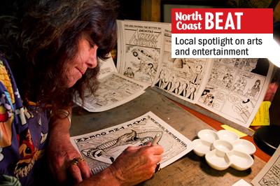 Artist Mary Fleener works on a piece depicting the Surfing Madonna mosaic in her studio at her home in Encinitas. (Photo by Scott Allison)