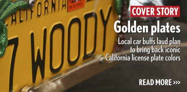 State Assembly Bill 1658 calls for the reintroduction of black-on-yellow, yellow-on-black and yellow-on-blue license plates in California, similar to the one pictured here at Encinitas Classic Car Nights on Sept. 13. Plateholders would pay a special renewal fee. (Photo by Donna P. Crilly)