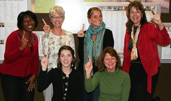 MiraCosta College Foundation staff members. Standing (left to right): Cynthia Rice, Laurie Davidson, Kelsey Krumdieck and Linda Fogerson. Seated (left to right): Tori Fishinger and Betsy Lelja. 