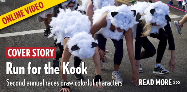 Participants dressed as sheep cross the finish line in unison during the second annual Cardiff Kook Run on Feb. 3. (Photo by Scott Allison)