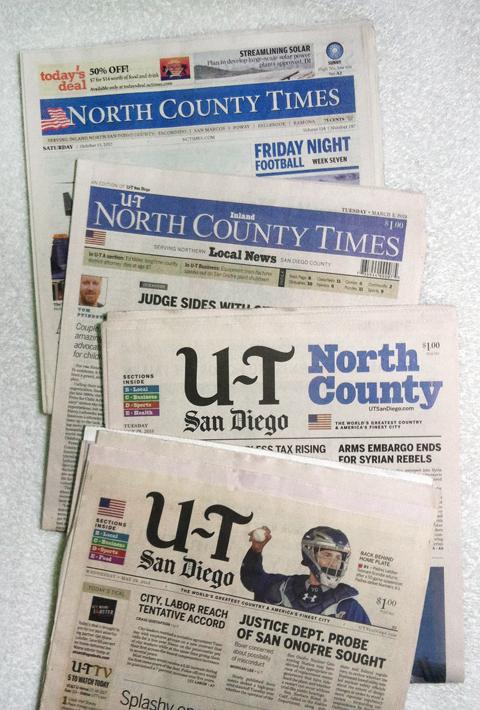 Editions+of+the+North+County+Times+and+U-T+San+Diego+show+the+evolution+of+the+papers%E2%80%99+merger.+%28North+Coast+Current+photo%29