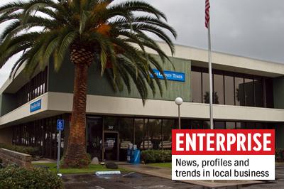 The North County Times building in Escondido, pictured earlier this year, is owned by U-T San Diego. The office closed in mid-May, and the building is set to be sold to The Classical Academy charter high school. (North Coast Current file photo by Scott Allison)