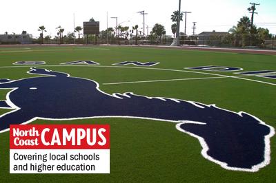 The San Dieguito Academy mascot, the Mustang, sits at the center of the Encinitas high school’s new multipurpose athletic field. (Photo by Scott Allison)