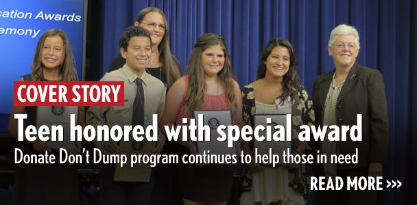 Donate Don’t Dump chapter presidents Mia Pacheco (left) and Ethan Posard (second from left), Cal State San Marcos kinesiology professor Laura de Ghetaldi, Donate Don’t Dump chapter president Grace Manuel and organization leader Gabrielle Posard stand with EPA Administrator Gina McCarthy (far right) on Aug. 12 at the White House during the President’s Environmental Youth Award ceremony. (Courtesy photo)