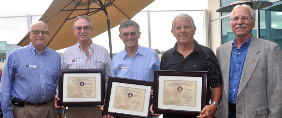 Jerry Pendzick of the Federal Aviation Administration (far left), stands with Wright Brothers Master Pilot Award recipients Rock Swanson, John Graybill and Stu Evans, and Steve Nelson (far right), also of the FAA, on July 10 at Palomar-McClellan Airport in Carlsbad. (Photo courtesy of the Palomar Airport Association)