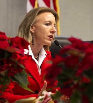 Encinitas Deputy Mayor Catherine Blakespear speaks to a full audience during her first City Council meeting Dec. 9. Blakespear was elected as a council member in the November election and was unanimously appointed deputy mayor by the council. (Photo by Scott Allison)