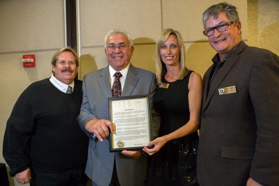 Pictured to left to right are: Councilman Mark Muir (left), Encintas Chamber of Commerce CEO Bob Gattinella, Mayor Kristin Gaspar and Councilman Tony Kranz mark the chamber’s 50th anniversary Nov. 7 at the Encinitas Community Center. (Encinitas Chamber of Commerce photo by Bill Wechter)