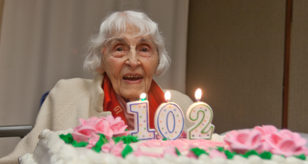 Bella Pfennig born 12-12-1912 celebrates her birthday at a party thrown for her at Tri City Medical Center