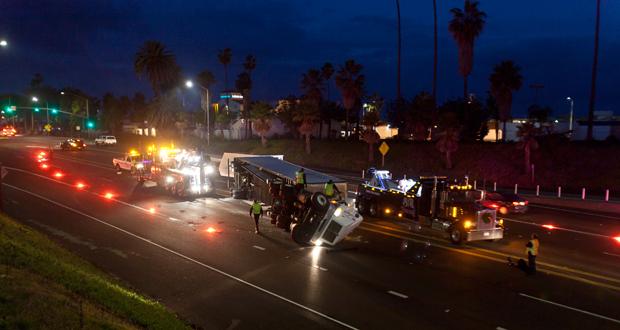 Big Rig Flips on I-5 to Hwy 76 Transition Ramp