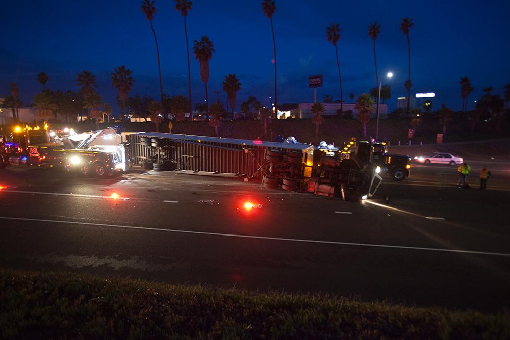 Big Rig Flips on I-5 to Hwy 76 Transition Ramp