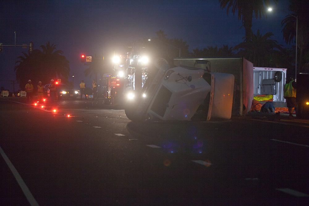 Big Rig Flips on I-5 to Hwy 76 Transition Ramp
