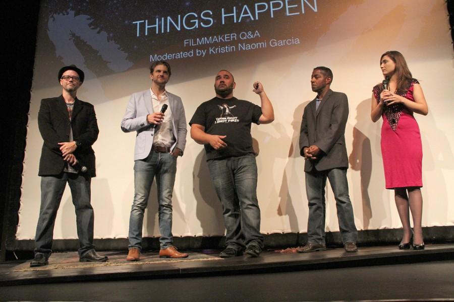 Cast and crew members of “Things Happen” answer questions following the film’s premiere June 14 at the Horton Grand Theatre in downtown San Diego. Left to right: Cinematographer Bryan Davis, actor and writer Sebastien Cipolla, director and writer David S. Dawson and actor Merrick McCartha. Kristin Naomi Garcia (far right) moderated the session. (Photo by Carla Van Wagoner of intelleXual entertainment)