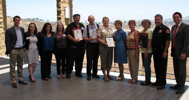 From left to right: Alex Vivona representing Councilman Mark Kersey; Emily Hearton & Francine Maigue representing Assemblymember Lorena Gonzalez; Sheryl Landrum, District Manager of the Resource Conservation District of Greater San Diego County, Bob Buerer from the Potrero/Tecate Fire Safe Council; Ron Richards accepting on behalf of Dick Dupree of the Pine Valley Fire Safe Council, Jessie Gates accepting on behalf of Karen Herreros of the Scripps Ranch Fire Safe Council; Karen Heath & Donna Lorenz from the Stone Ridge Fire Safe Council at Warner Springs; Kathleen Edwards; Don Butz, Fire Safe Council President and Viejas Fire Chief; and Harold Meza representing Supervisor Dave Roberts (courtesy photo)
