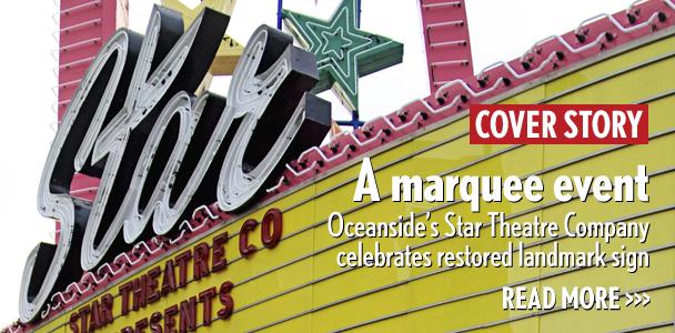 The Stare Theatre’s restored marquee is lit July 3 in Oceanside. (Photo by Troy Orem)