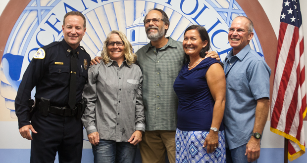Oceanside Police Department retirees Captain Ray Bechler, Kathryn Held, Forrest Langford, Laura Flynn and Ronald Hardy.