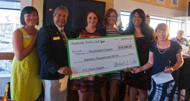 (L-R) Vatei Campbell-Elizabeth Hospice, Michael Cobas-Oceanside Yacht Club Commodore with Alexandra Prsha, Korie Duke, Melissa DelaCalzada- Elizabeth Hospice and Blythe Egan-OYC Event Chair