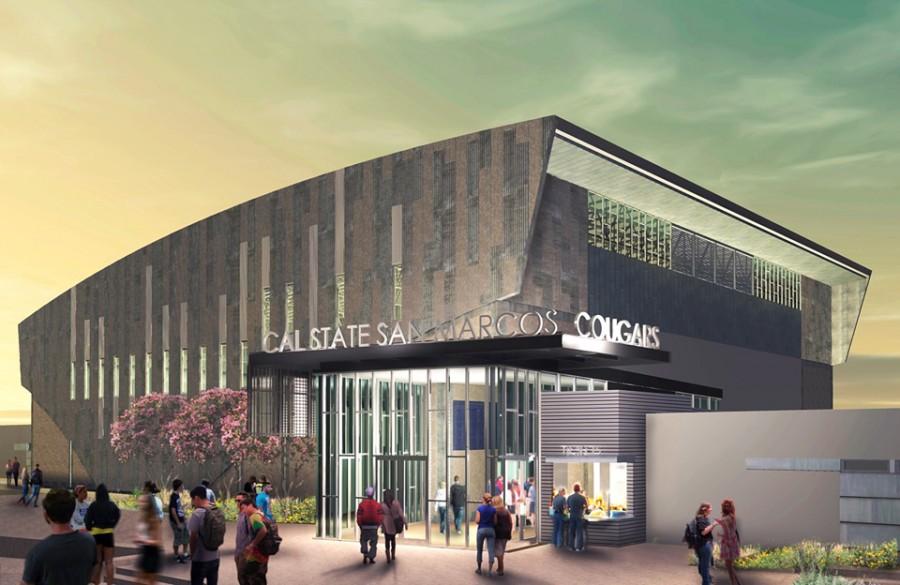 An architectural rendering shows how the completed Cal State San Marcos Sports Center will likely look. (Courtesy photo)
