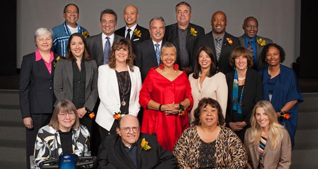 Back row (L to R) Honorees Stan Rodriguez, Azim Khamisa, Daniel Hoang, KPBS General Manager Tom Karlo; honorees Enrique Morones, Andre Jones, Aaron Wooten; middle row (L to R) honorees Christine Kehoe, Karemi Alvarez, Robin Rady, Starla Lewis, Union Bank Managing Director and Regional President Robbin Narike Preciado, honorees Virginia Gordon, Dr. Gail R. Knight;  front row seated (L to R) honorees Cynthia Jones, William Stothers, Vickie Gambala, and Shara Fisler.
