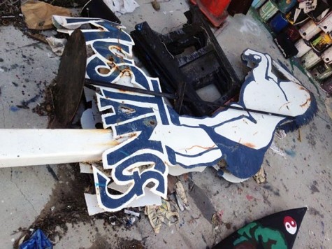 San Dieguito High School Academys aging Metal Mustang mascot is pictured March 3 before being transported to Baker Ironworks for restoration. (SDA Foundation photo)