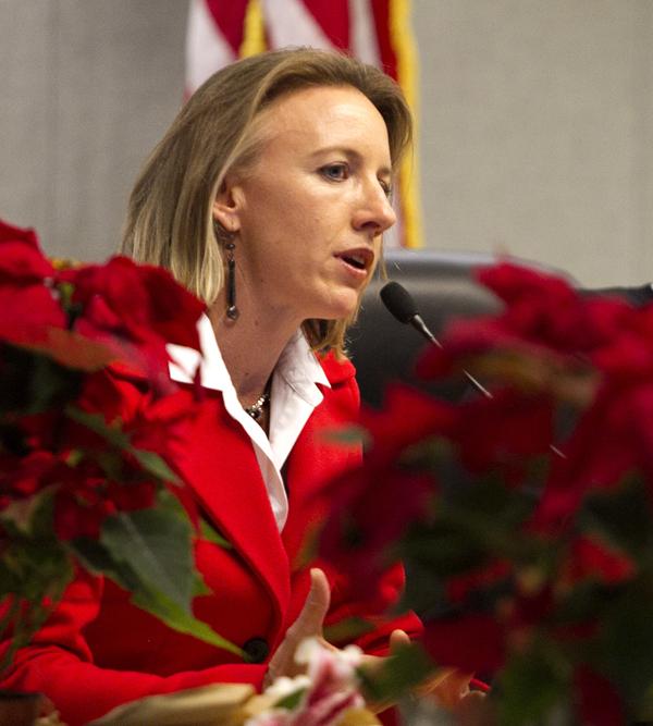 Encinitas Deputy Mayor Catherine Blakespear speaks to a full audience during her first City Council meeting Dec. 9, 2014. Blakespear has announced that she is running for mayor in 2016. (NCC file photo by Scott Allison)