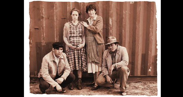 (L-R) Geoff Rocha as Tom Joad, Emily Scibetta as Rose of Sharon, Carol Naegele as Ma, and Timothy Cabal as Jim Casy.
