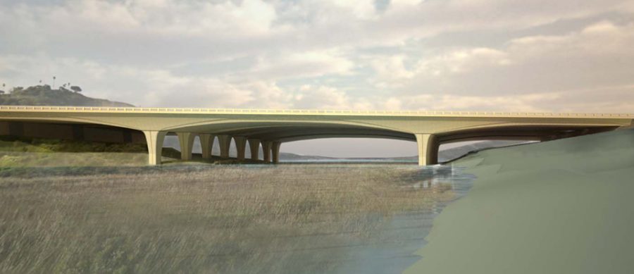 An architectural rendering of a possible design for the Manchester Avenue overpass in Encinitas, looking west, shows a widened span over San Elijo Lagoon. (Caltrans photo)