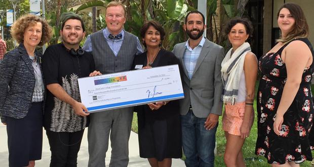 MiraCosta Foundation's Elaine Dodge, student Abe Camiro, Joe Maak, MiraCosta Superintendent/President Sunny Cooke, MiraCosta Librarian/GSA Club Co-Adviser Steven Deineh, student and GSA Club President Vanessa Reynolds and student Kay Brenner (courtesy photo)