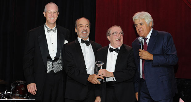 Doctors Cary Mells, John Bushong, and Neil Joebchen with Jay Leno as they accept the 2016 Tri-City Hospital Foundation Legacy Award on behalf of the Tri-City Emergency Medical Group. (courtesy photo)

