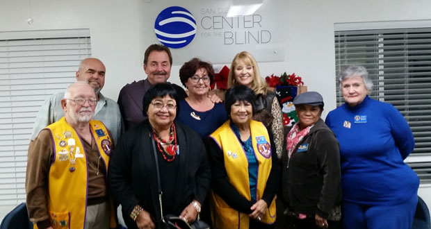 Jackie Knapp, President of the Oceanside Sea Lions and Kim Gibbens,
San Diego Center for the Blind. Oceanside Sea Lions members: Front row: left to right: Ed Ash, Zucette
Lumabas, Gloria Ash, Rica Derosier, Carol Boyer
Back row: James Brown, Dr Fred Knapp, Jackie Knapp, Pam Pahnke