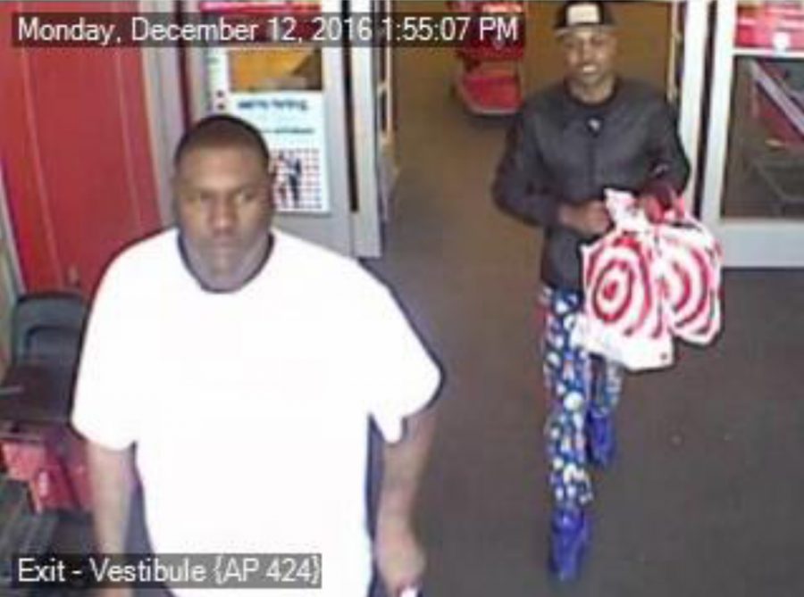 The San Diego County Sheriff’s Department seeks the public’s help in identifying two men, captured on Encinitas Target store surveillance suspected of identity and credit card theft. (Sheriffs Department photo)