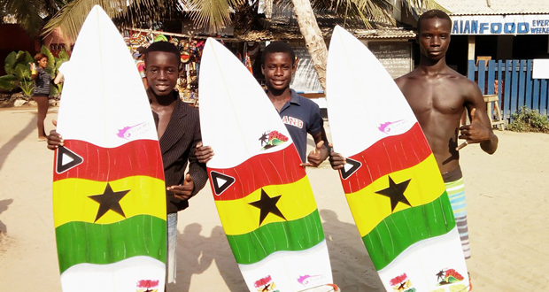 2016 ISA Scholarship winners from Ghana, Frank Ayaa, Bernard Bannor and Joshua Bannor (left to right), display the new surfboards that they were able to get with their scholarship awards. Photo: Mr. Brights Surf Shop