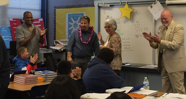 OUSD Superintendent Duane Coleman, Teacher of the Year, Ron Martino, Clerk of the Board Emily Ortiz Wichmann OUSD Board of Education President Robert “Camo” Gleisberg  (Photo courtesy: OUSD) 