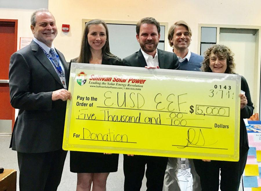 The Encinitas Educational Foundation receives a $5,000 donation March 7 from Sullivan Solar Power. Left to right: Encinitas Union School District Superintendent Tim Baird, Tara Kelly and Daniel Sullivan of Sullivan Solar Power, foundation President Jay Bell and district board Trustee Marla Strich​. (Courtesy photo)