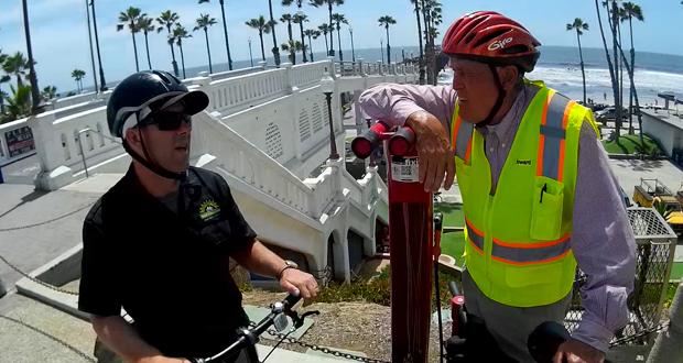 Andy Hanshaw, Executive Director  of the San Diego Bike Coalition with Howard LaGrange
Bicycle and Pedestrian Coordinator, City of Oceanside at the pier Bicycle Repair Station
