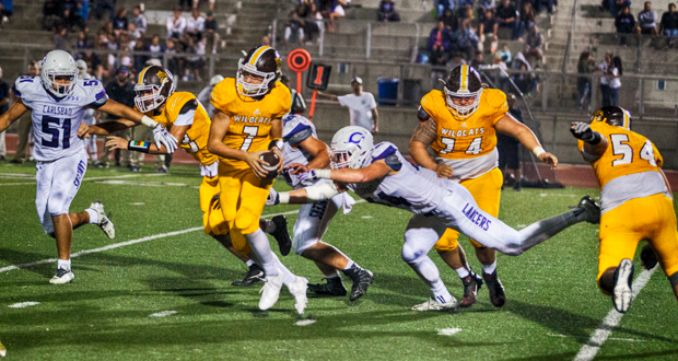 Wildcat QB, Jayden Casey(7) scrambles away from Carlsbad's Cameron Thomas(44)