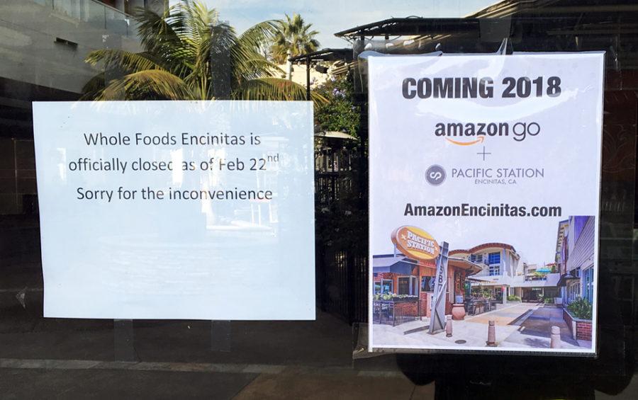 A sign attached to the door of the former Whole Foods Market in downtown Encinitas at the start of November announces the 2018 opening of an Amazon Go store in the space. The sign and a related website, which is no longer active, are reportedly incorrect. (Photo courtesy of Encinitas 101 MainStreet Association)