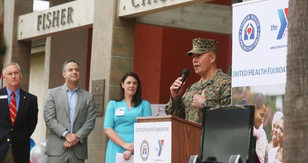 Chris Stidman, left, president of the United Health Foundation, joined state Sen. Patricia Bates and Sgt. Major Julio Meza today to announce a $150,000 grant to increase capacity and enhance the curriculum of the Fisher Children’s Center at Camp Pendleton. The Armed Services YMCA Camp Pendleton, United Health Foundation and Fisher House Foundation are collaborating to increase capacity and enhance the curriculum of the center. (Photo: Sandy Huffaker)