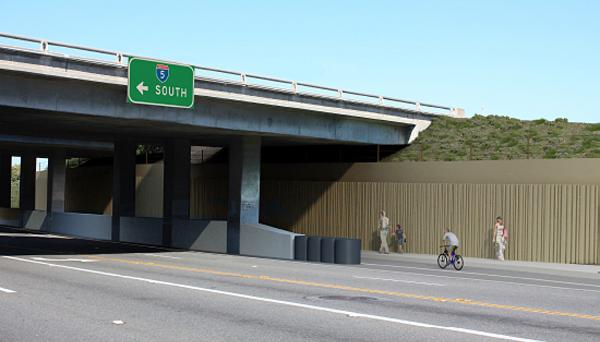 An architectural rendering shows the westbound Encinitas Boulevard underpass at Interstate 5 after completion of improved pedestrian access. (SANDAG photo)