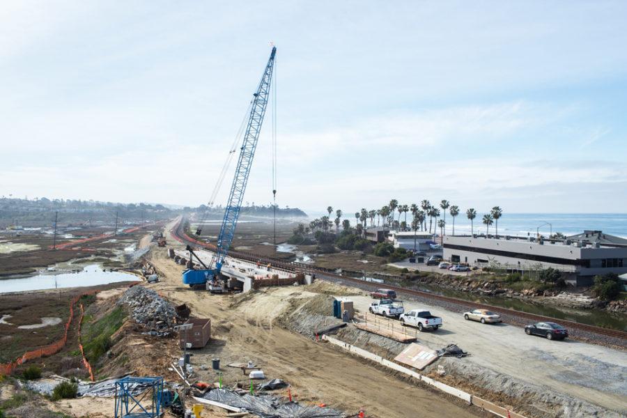 San Elijo Lagoon railway construction continues March 9 west of the Interstate 5 in Cardiff. (Photo by Cam Buker)