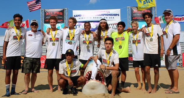 SoCal Legacy at Virginia Beach shortly after their decisive 4-1 victory in the BU16 Surf Division at the North American Sand Soccer Championships in June of 2017.  The team is now stepping onto the international stage, representing California and the USA at the first ever Madjer Cup