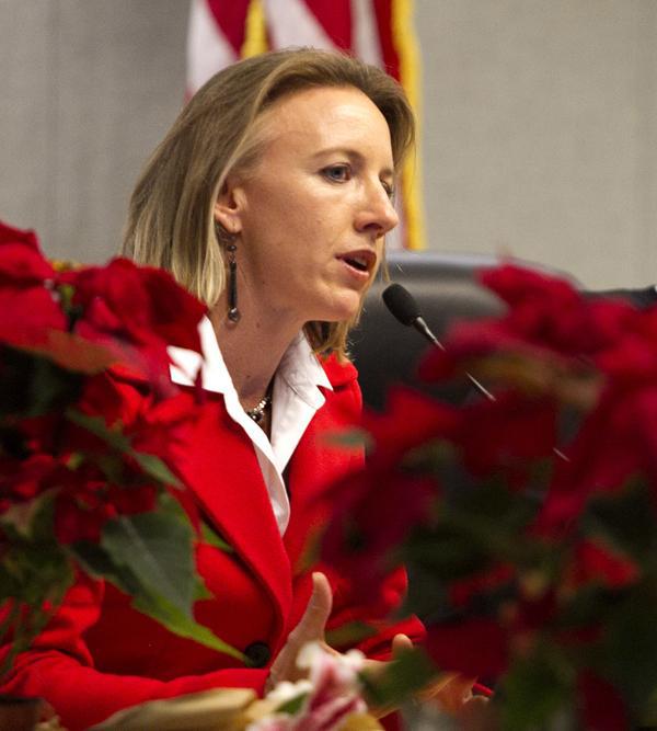 Catherine Blakespear speaks to a full Encinitas City Council audience Dec. 9, 2014. Blakespear has announced that she is running for a second term as mayor in 2018. (NCC file photo by Scott Allison)