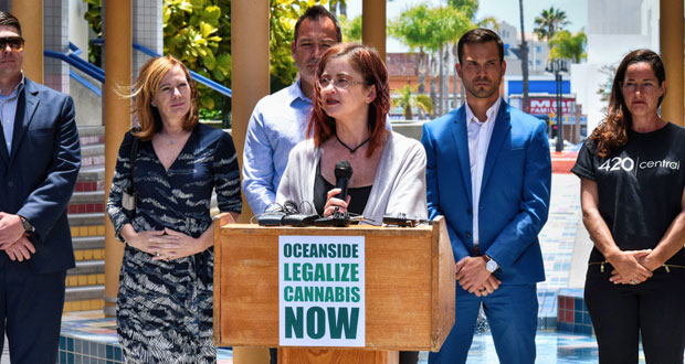 Amber Newman (center) with Oceanside for a Safer Community at the Monday afternoon press conference