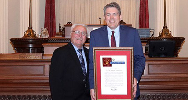 Glen Newhart, President of the Tri-City Hospital Foundation (right) and Dr. Jim Dagostino, Chairman of the Tri-City Healthcare District (left) pose for a photo with Sen. Bates' legislative resolution honoring Tri-City Hospital Foundation at the California State Senate Chamber in Sacramento (photo: Lorie Shelley, CA State Senate)