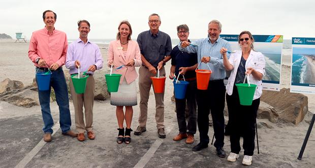 : David Zito, Mayor, Solana Beach; Doug Gibson, Executive Director, San Elijo Lagoon Conservancy; Catherine Blakespear, Mayor, Encinitas;  Terry Sinnott, Chair, SANDAG Board of Directors and Del Mar City Councilmember; Darren Smith, California State Parks, San Diego Coast District Services Manager; Allan Kosup, Director, North Coast Corridor, Caltrans District 11;  Kim Garvey, President, American Shore & Beach Preservation Association, California Chapter (courtesy photo)