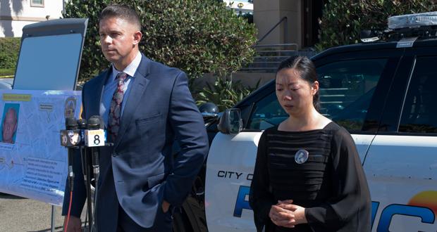 Oceanside Police Detective Erik Ellgard and Zui Pang during a press conference in September announcing an increase in the reward being offered for information leading to the arrest of those responsible for her husbands murder.