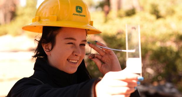 Vista High School sophomore Jade Mital uses an angle gauge to determine forest density at the 2018 San Bernardino Forestry Challenge. (courtesy photo)